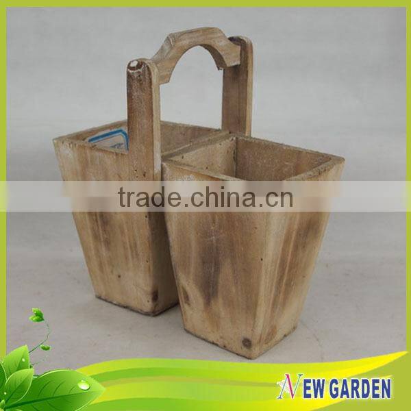 Elegant Handmade Indoor And Outdoor Wood Split Pot Planter With Handle