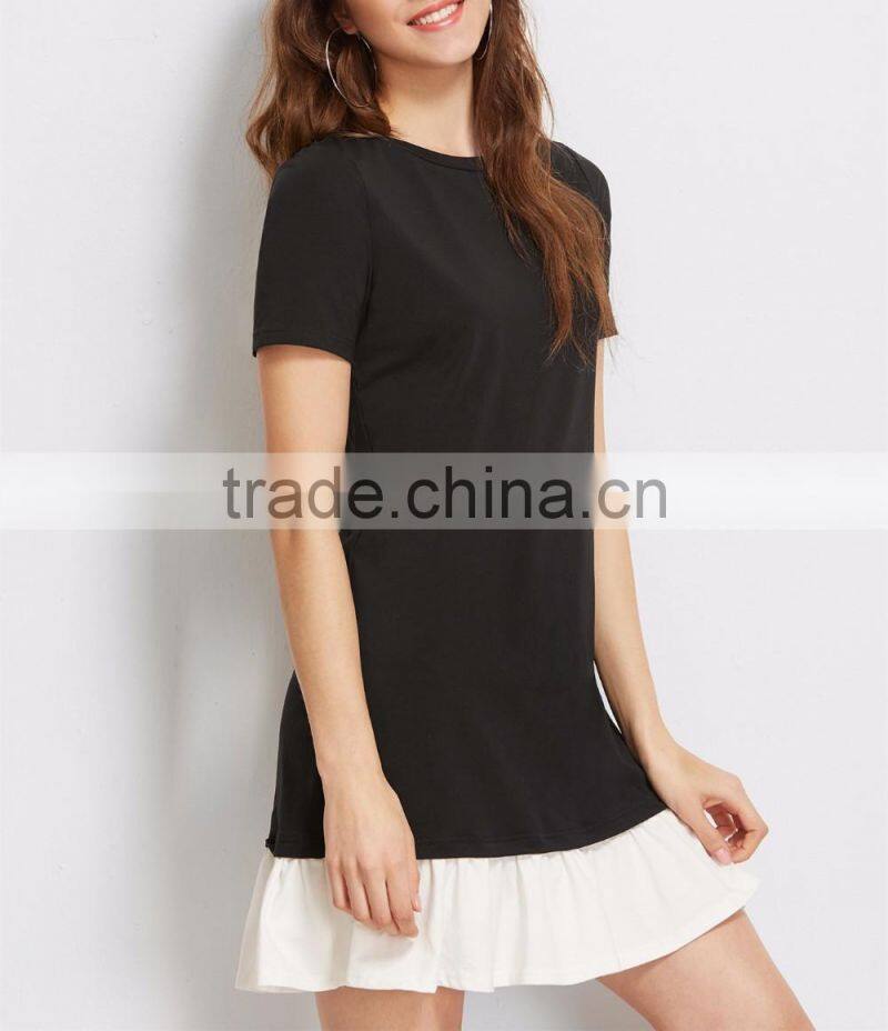 clothing/women fashion dresses/Black Contrast Ruffle Trim Short Sleeve Tee Dress