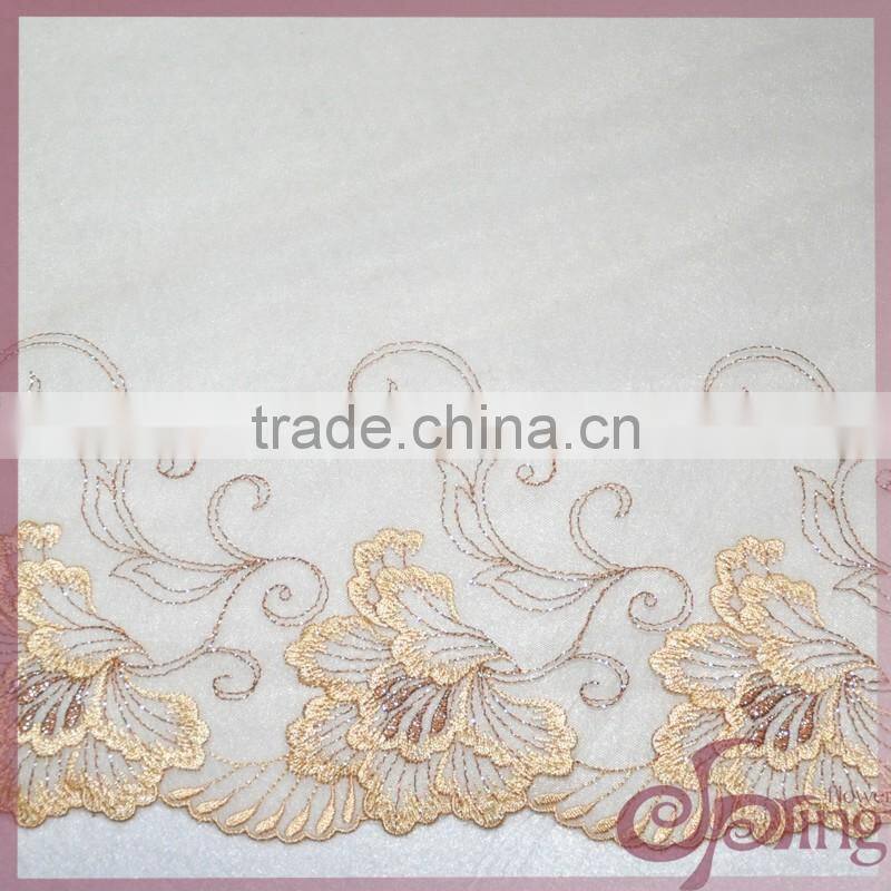 Yellow floral silver metallic yarn embroidered fabric lace trimming for bra,lingerie