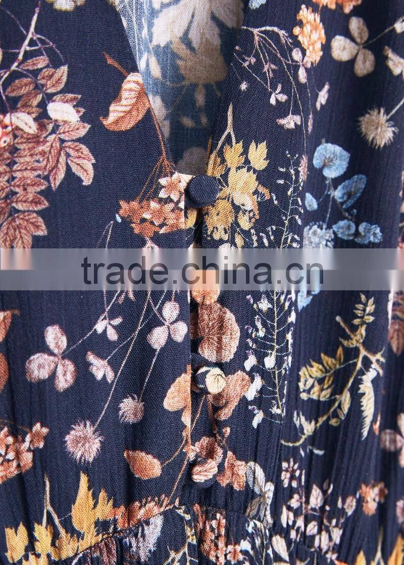 european style printed boutique long sleeve maxi dress elastic waist