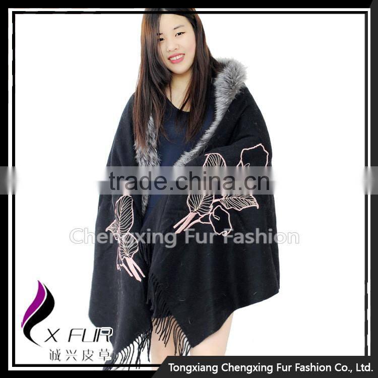 CX-B-P-51 High Quality Factory Price Fox Fur Trimmed Pashmina Special Cashmere Scarf