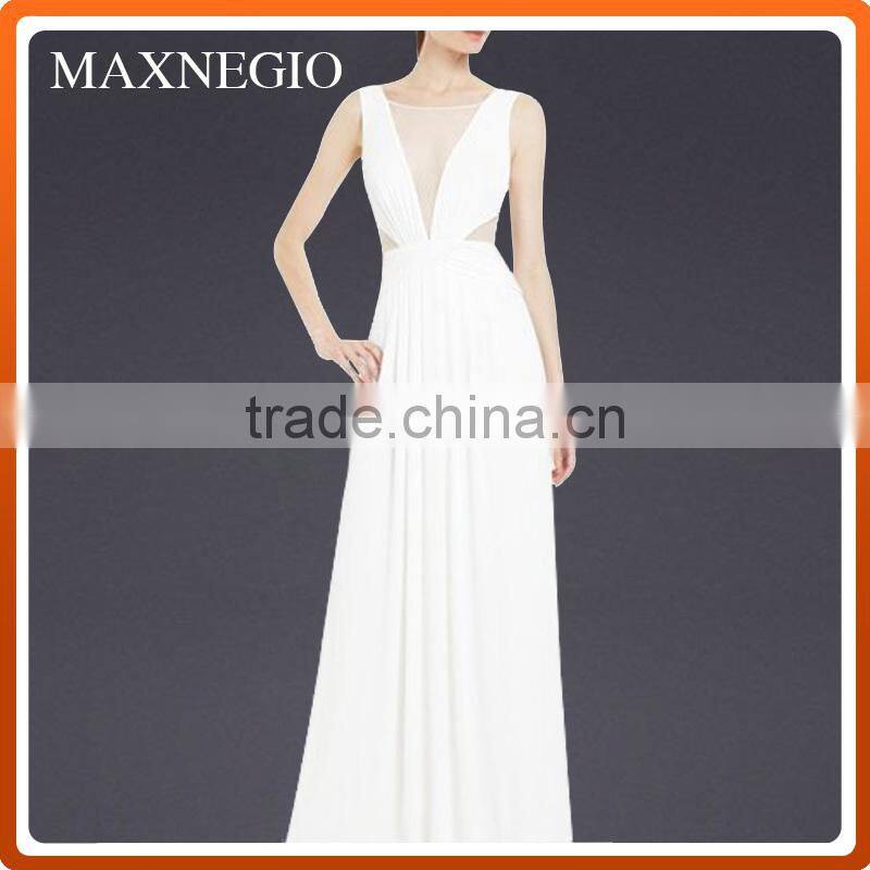 Sexy V neck sleeveless white chiffon maxi dress on sale