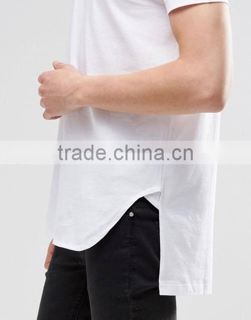 Wholesale men 100% coton super longline stepped hem plain white t-shirt in bulk