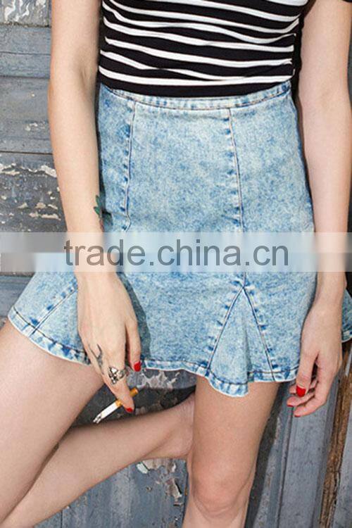 Latest stretch raw black denim high waisted flared skirt a line short skirts for women