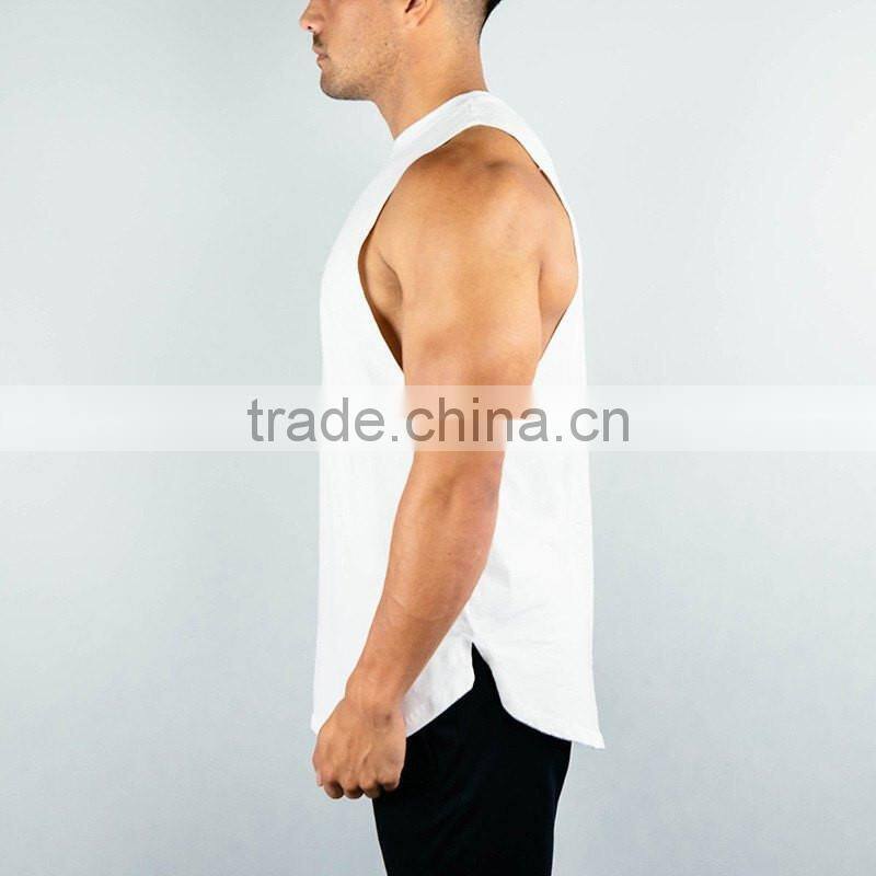 OEM Slim Fit White Plain Mens Cut off Gym Shirt Deep Cut Longline Curved Hem T Shirt with Side Split