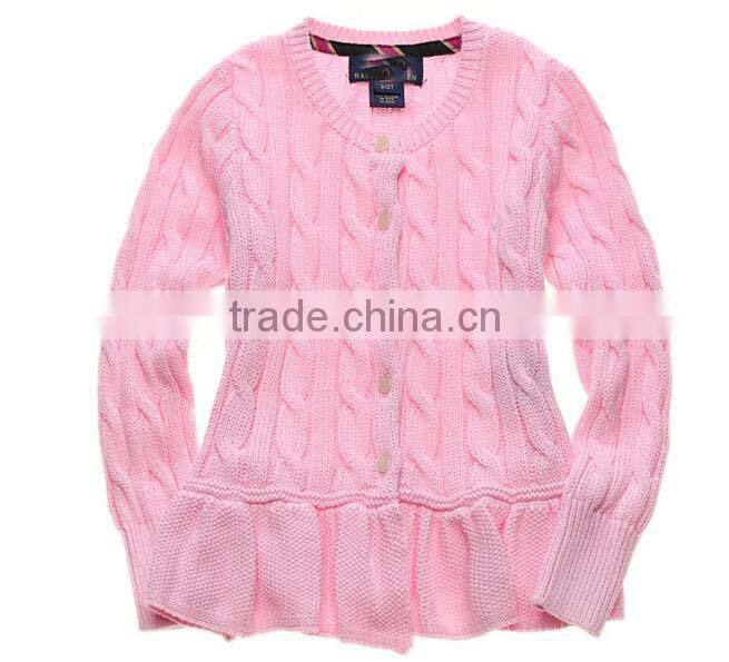 latest children girls cable knit ruffle buttom down long cardigan sweater