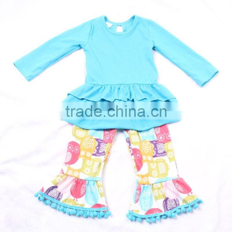 Ruffle Hem Blue Top With Owl Animal Prints Ruffle Pants Outfits Set Toldder Girl Clothing Set LBYTZ001-37