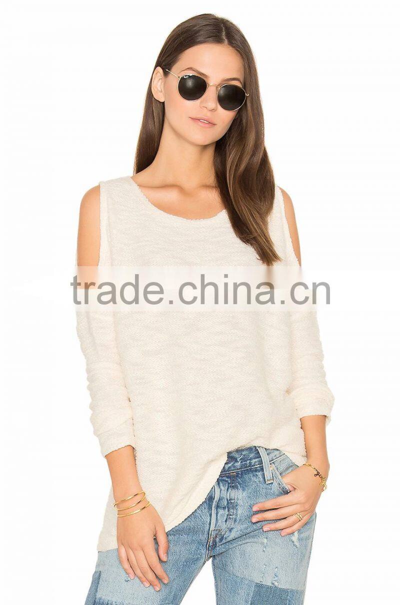 Hot selling open shoulder lace applique woman sweater wholesale woman blouse design sweater 2017