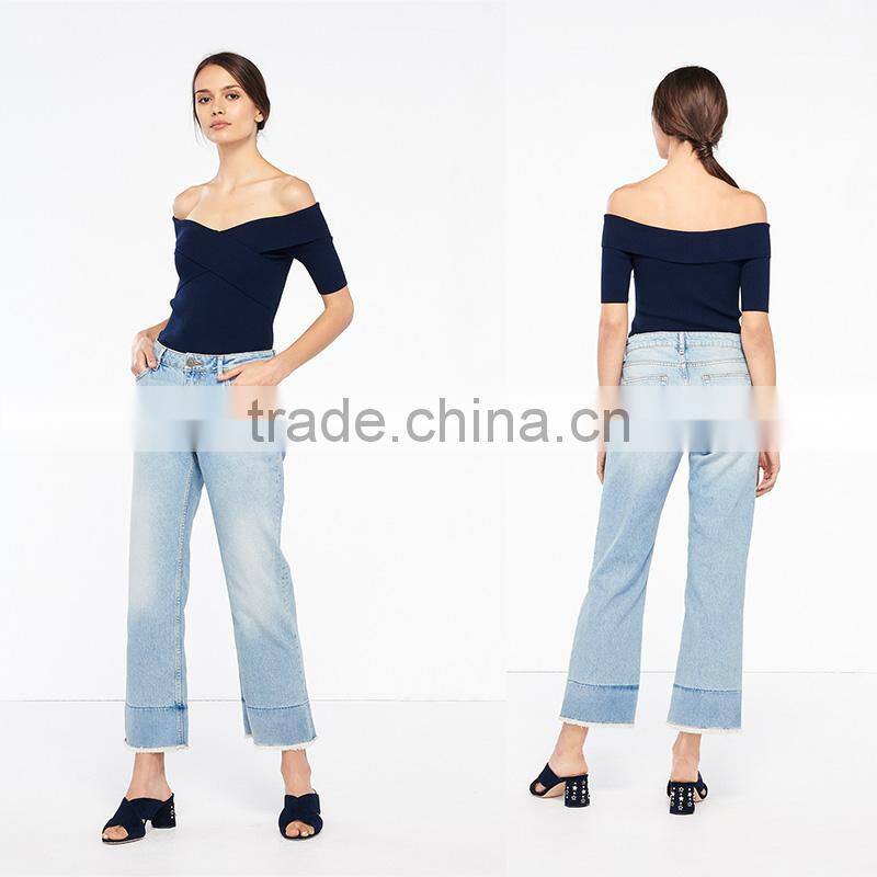 Elasticated knit crossover shape V-neck short sleeves strapless tank