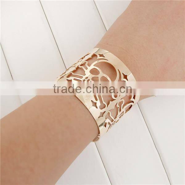 Gold Plated Cylinder Halloween Skeleton Skull Hollow Open Cuff Bangles Bracelets