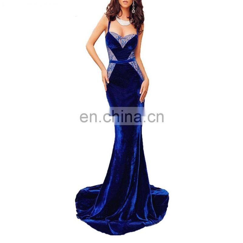 2017 NEW IN Lace Velvet Floor Length Deep Neck Strap Waist Band Navy Evening Dress