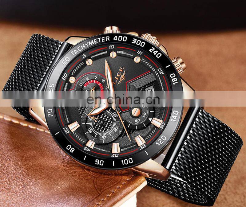 Custom Logo Steel Mesh Bands Fashion Sports Wrist Waterproof Watch Quartz Chronograph Luxury Men Wristwatches