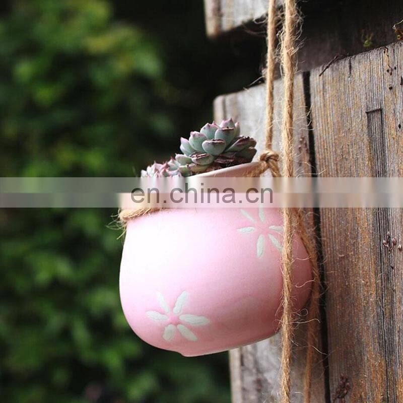 4pcs/set Wall-mounted Ceramics Flower Pots & Planters Home Decor Succulent Hemp Rope Ceramic Flowerpot Plant Hanging Pot
