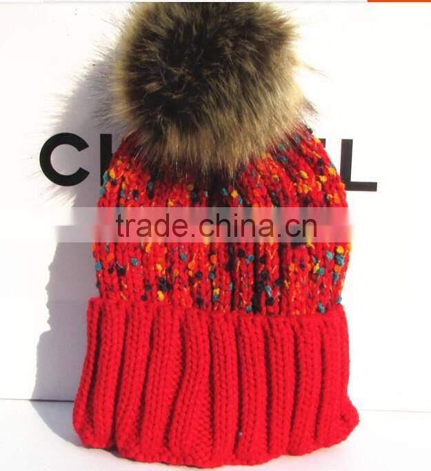 Fashion Korean Coloured Thread Knitting Faux Fur Pom Pom Beanie Hat