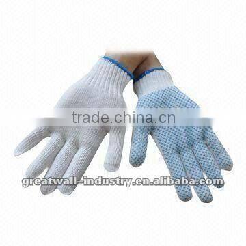 7 Gauge Knitting Seamless Terylene Gloves, White Color, Single-sided PVC-dotted Palm and Finger