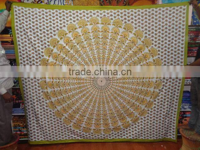 WHITE PRINTED BARMERI PEOCOCK MANDALA PRINTED TAPESTRY