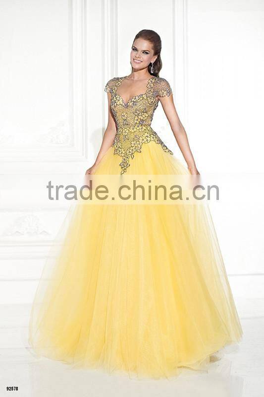 Stunning girls party dress Tulle Applique long yellow prom dress evening dress evening gown (YASA-819)