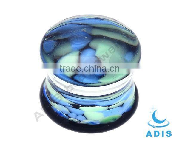 Dark blue bottom green strip earring pierce plug pyrex glass ear stretching
