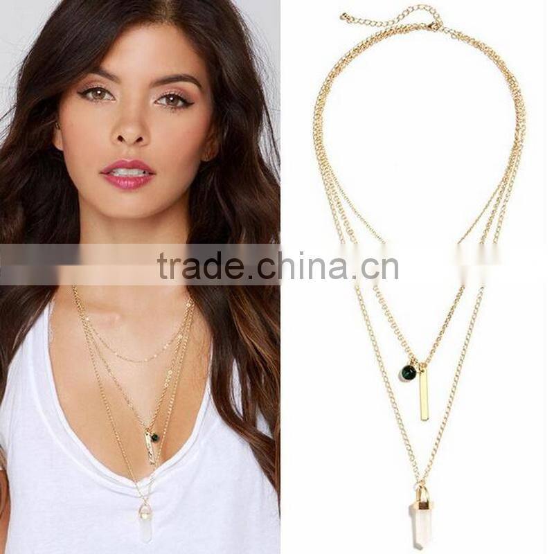 Artificial Cutting Pink Stone Multi Layers Long Necklace Choker For Fashion Lady