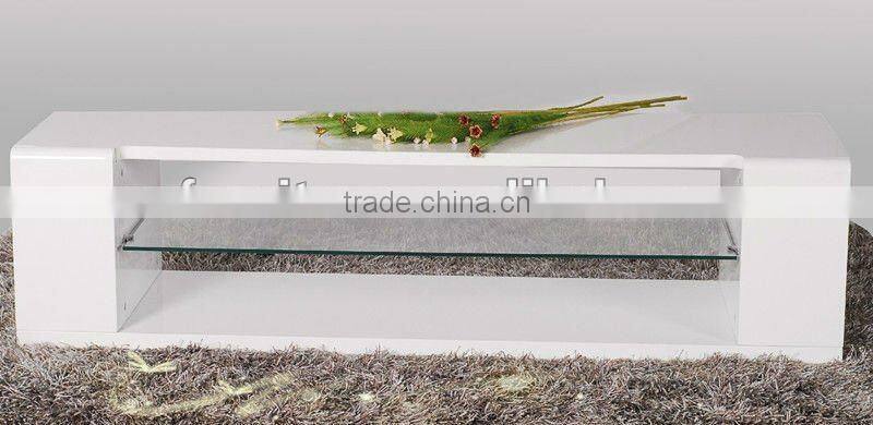 Short Modern MDF TV stand in high gloss finish with 8mm tempered glass shelf