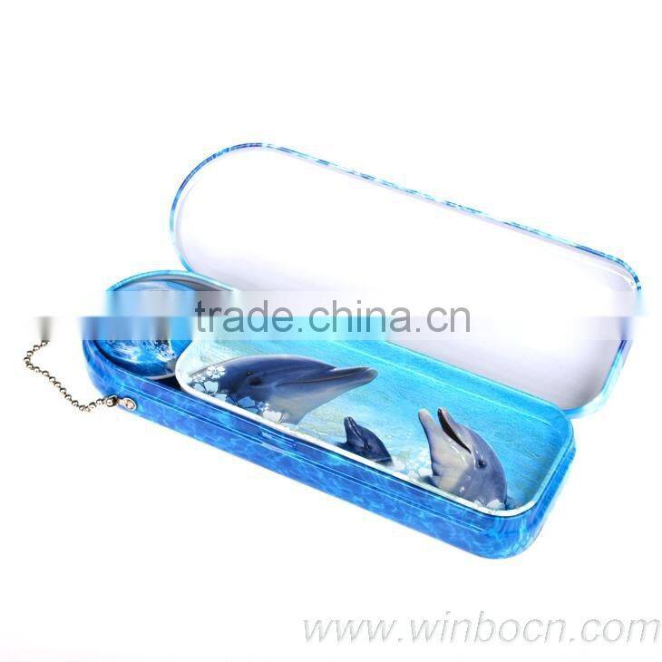 Two layers tin students pencil case with pencil sharpener inside