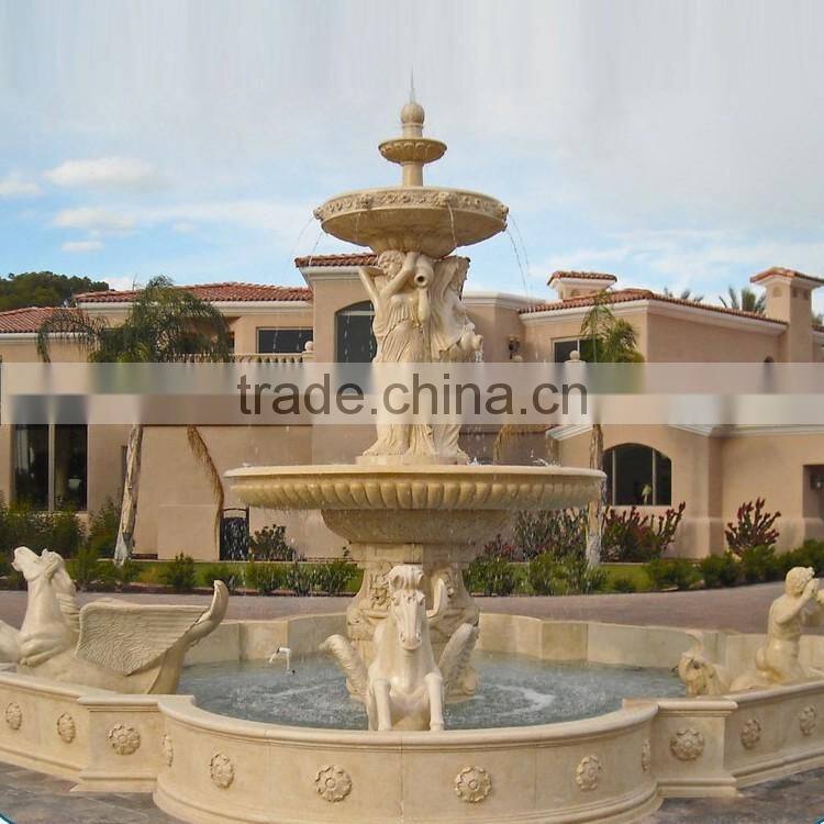 Cream marble lady water fountain with horse statues