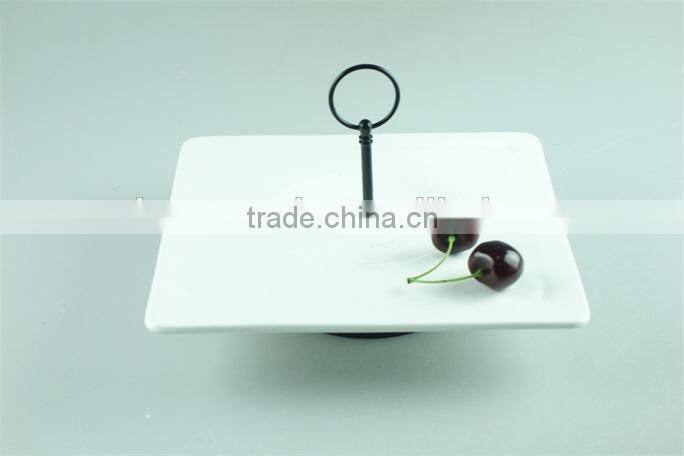 stock white porcelain cake fruit plate with metal handle
