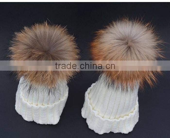 Children hat kids hat Children Winter Raccoon Fur Hats 100% Real 15cm Fur pompom Beanies Cap Natural Fur Hat For Kids Children
