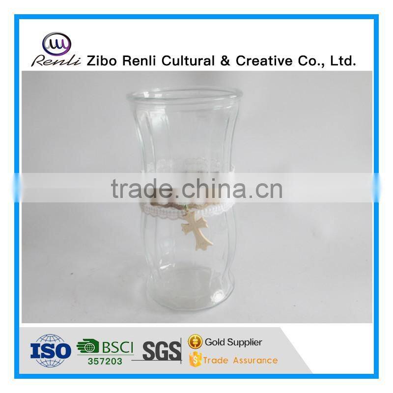 Large Cylinder Brown Glass Vase with Silk Ribbon Decoration