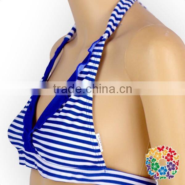 Women Blue Stripe Halter Swimsuit Beachwear Custom Bikini Swimwear