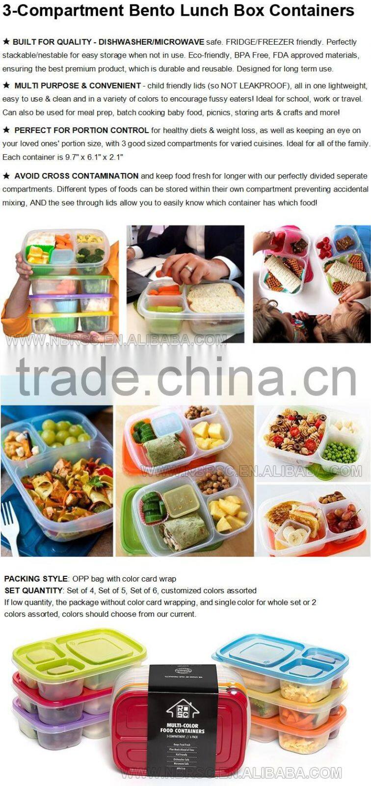 NBRSC Meal prep food containers 3 compartment stackable lunch box section bento box with Lids Durable Reusable