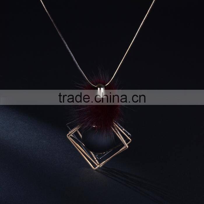 chunky ball metal square pendant necklace winter mink fur ball pendant necklace geometric sweater necklace