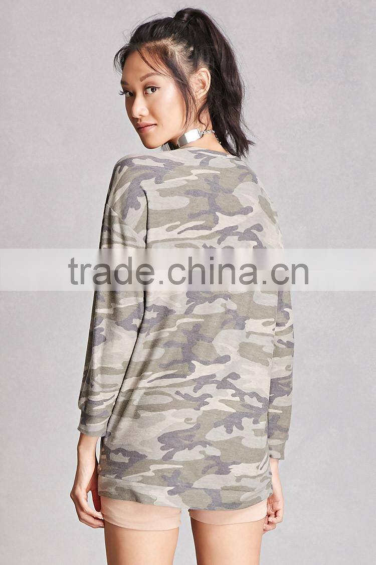 100 Polyester Sweatshirt Women Round Neck Long Sleeve Camo Longline Sweater Without Hood