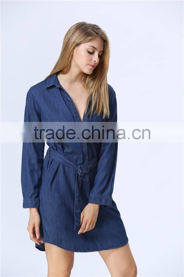 Fashionable Hot Sale Factory Price Long Sleeve With Waist Belt Women Denim Dress