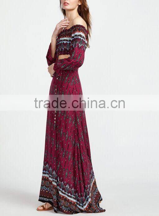 Picture of long skirts and tops Vintage print drawstring top with split skirt