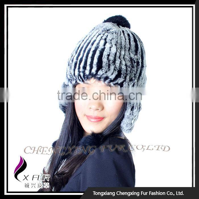 CX-C-116H Hand Knitted Beanie With Fur Ball Stock Rex Rabbit Fur Ladies Hats