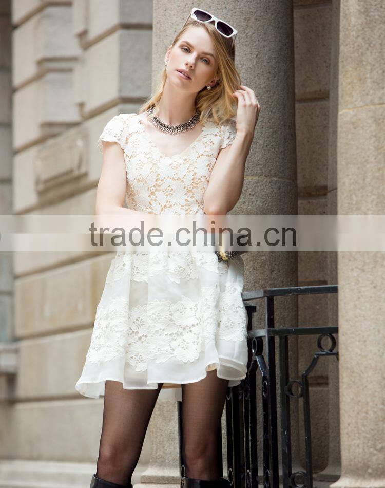 Hot Sale 2015 Guangzhou Garment Cocktail Formal Organza Lace Embroidery Sun Flowers Lady Evening Dresses