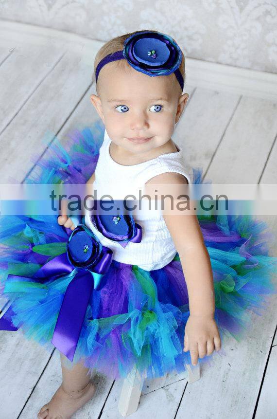 Wholesale childrens boutique clothing girls skirts and blouses fabric sash details blue and purple flower girls skirts