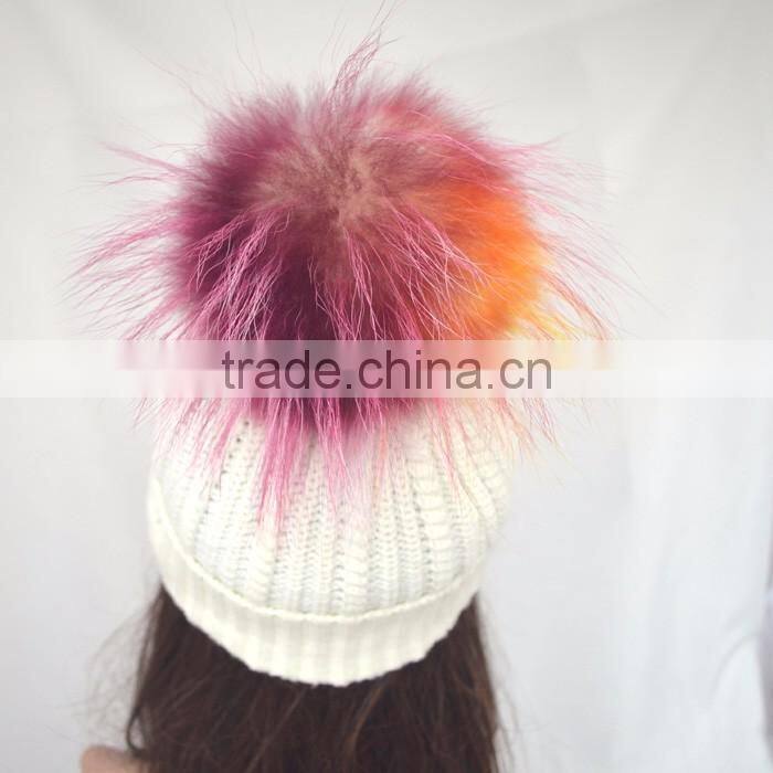 Myfur Elegant Women White Color Wool Blend Hat and Cap with Fur Ball Top