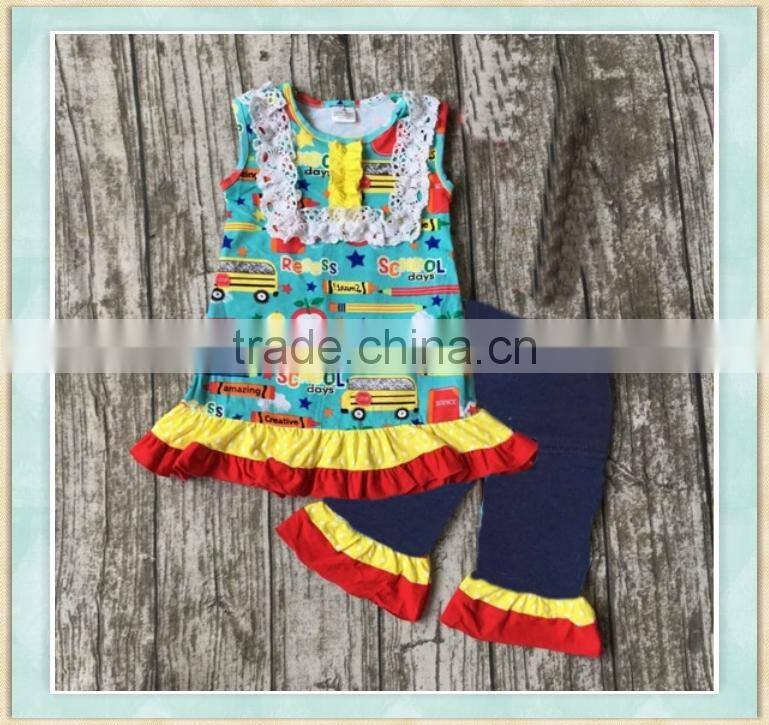 2017 popular series baby girl sleeveless back to school o-neck with lace fioral print ruffle clothes outfits pictures