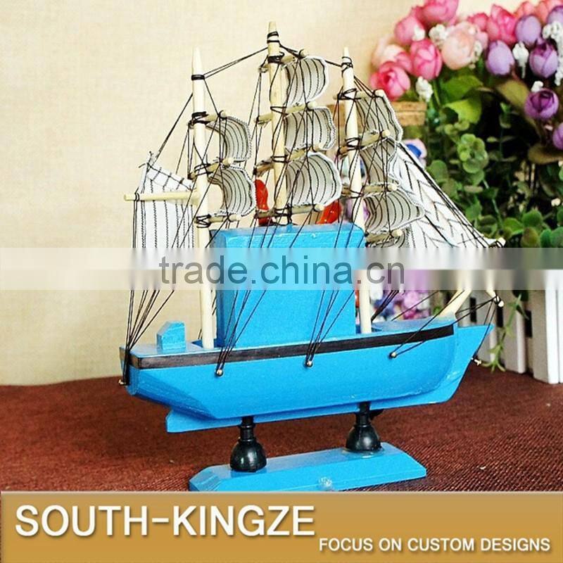 Navy Marine Blue/Yellow Color Wood Sailing Boat Display Model