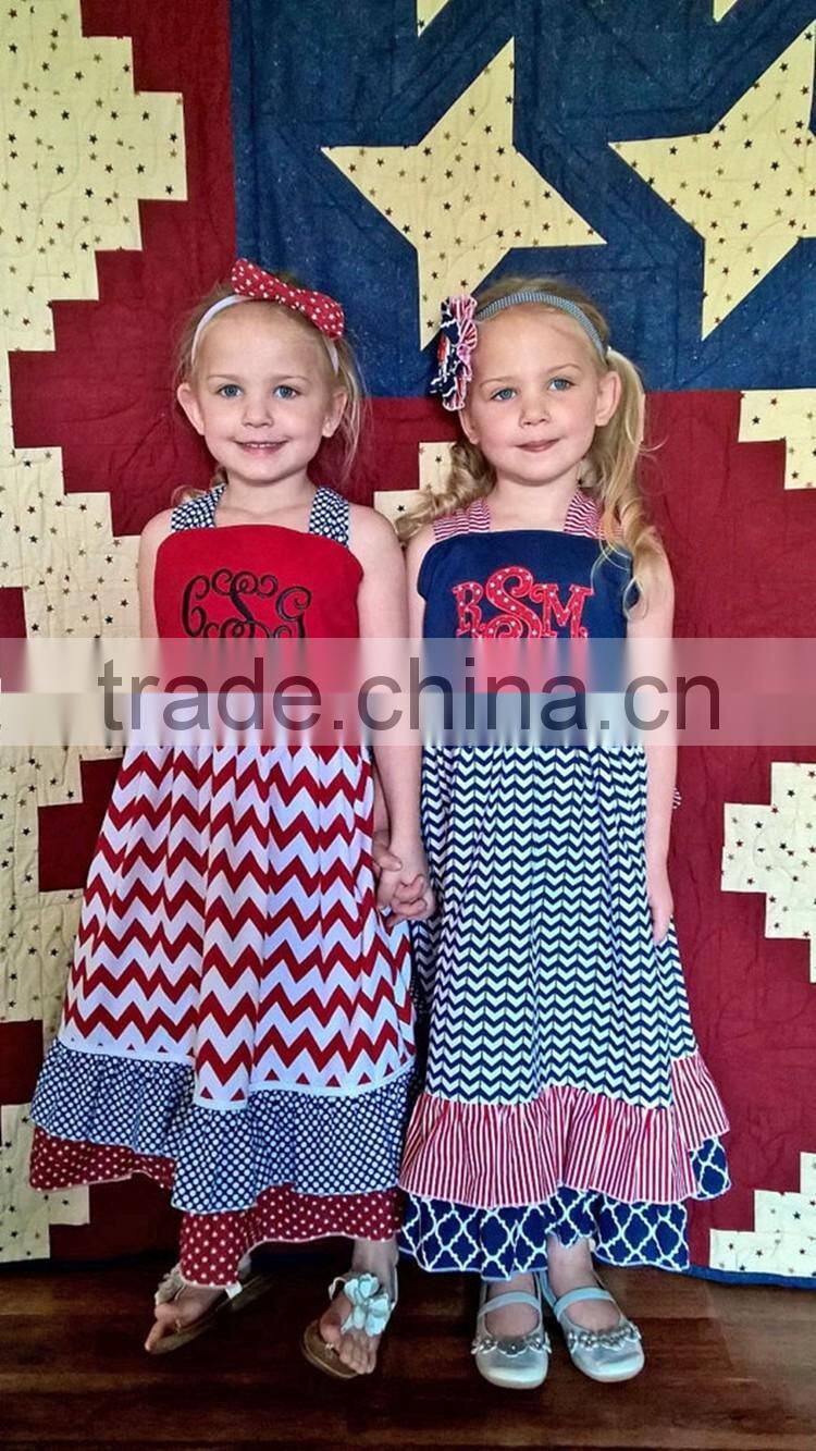 4th of july wholesale long sleeve red white chvvron stripe kids dress from yiwu conice