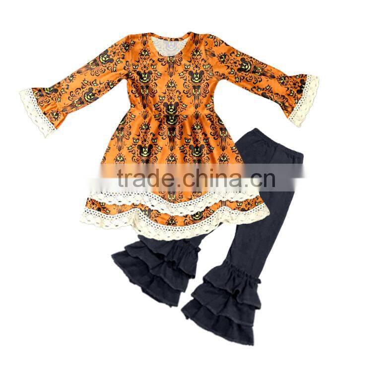 Fall Baby Clothes Girls Orange Top and Pant Ruffle Outfits For Kids in Halloween