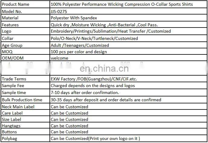 100% Polyester Performance Wicking Compression O-Collar Sports Shirts