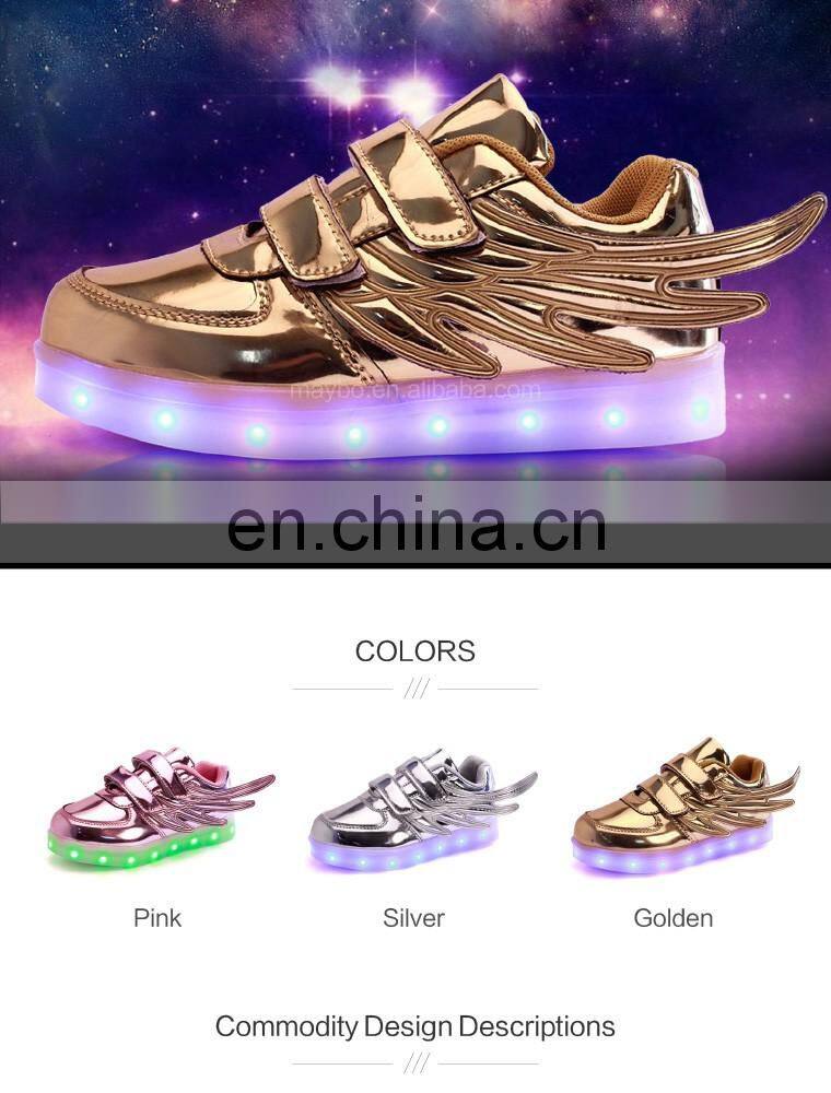 Wholesale hot sell Mirror-PU leather Led light up kids Wings shoes Children Led shoes sneakers with USB rechargeable