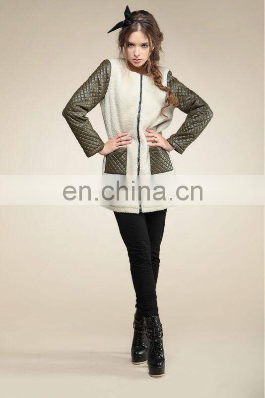 ladies new style of wool split joint PU cotton long sleeve o-neck overcoat