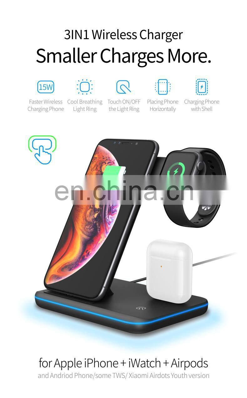 10W Fast Wireless Charger New 3 In 1 Wireless Charger for Smartphone smart Watch with CE,FCC,ROHS Certificate