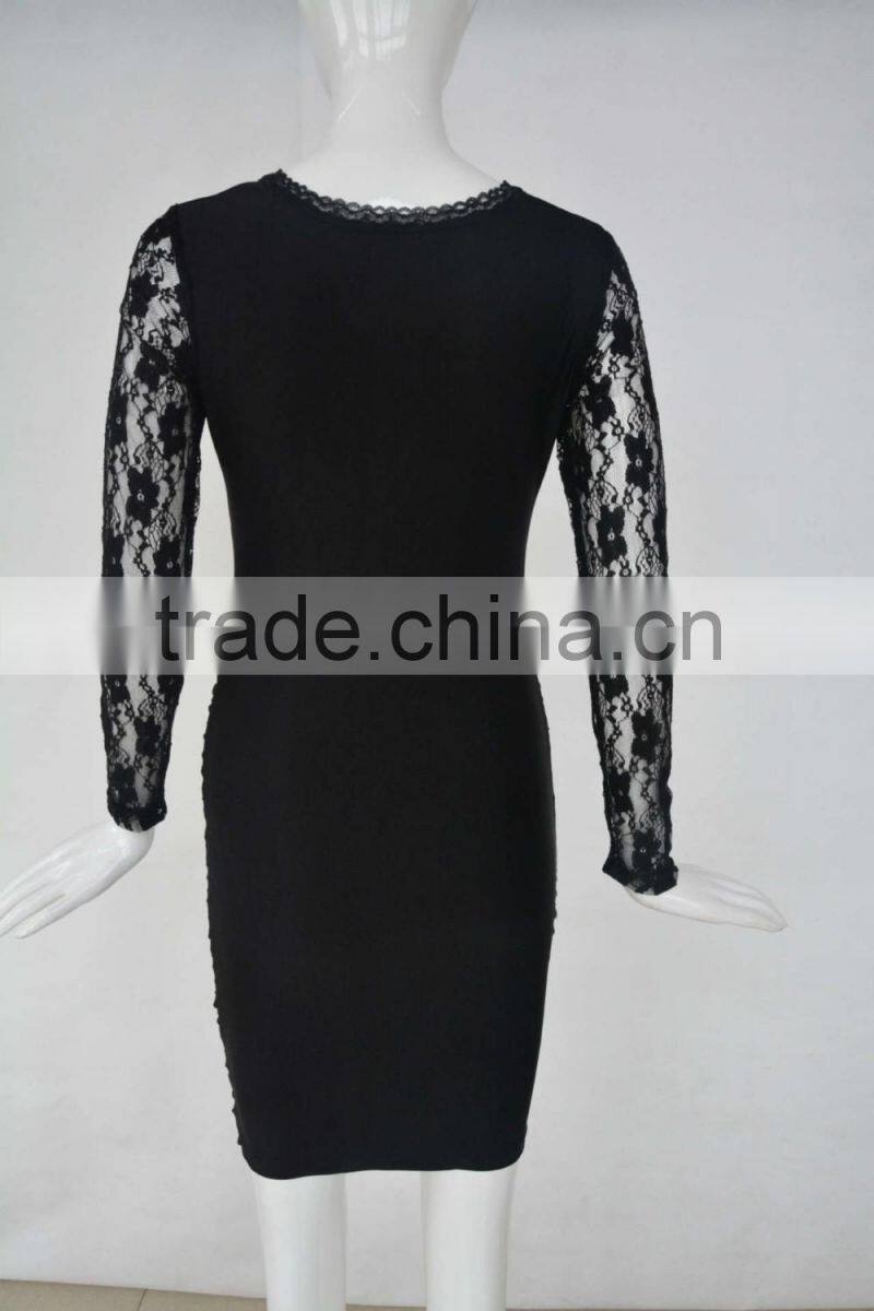 Classic Black Sexy Lace sleeve Dress fashion perspective bandage dress sexy free prom dress