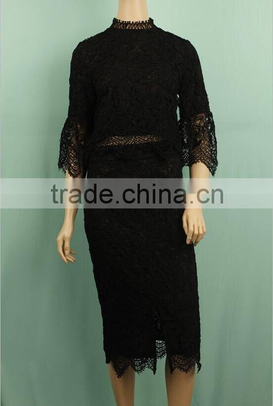 Lace pattern Blouse skirt two pieces suit cover 3/4 sleeve woman suit