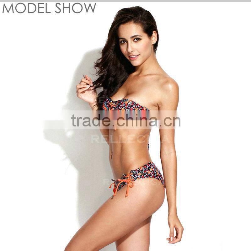 2016 RELLECIGA - Orange Dream FloralSwimwear with Lace-up Front &Brazilian Cut Scrunch Butt